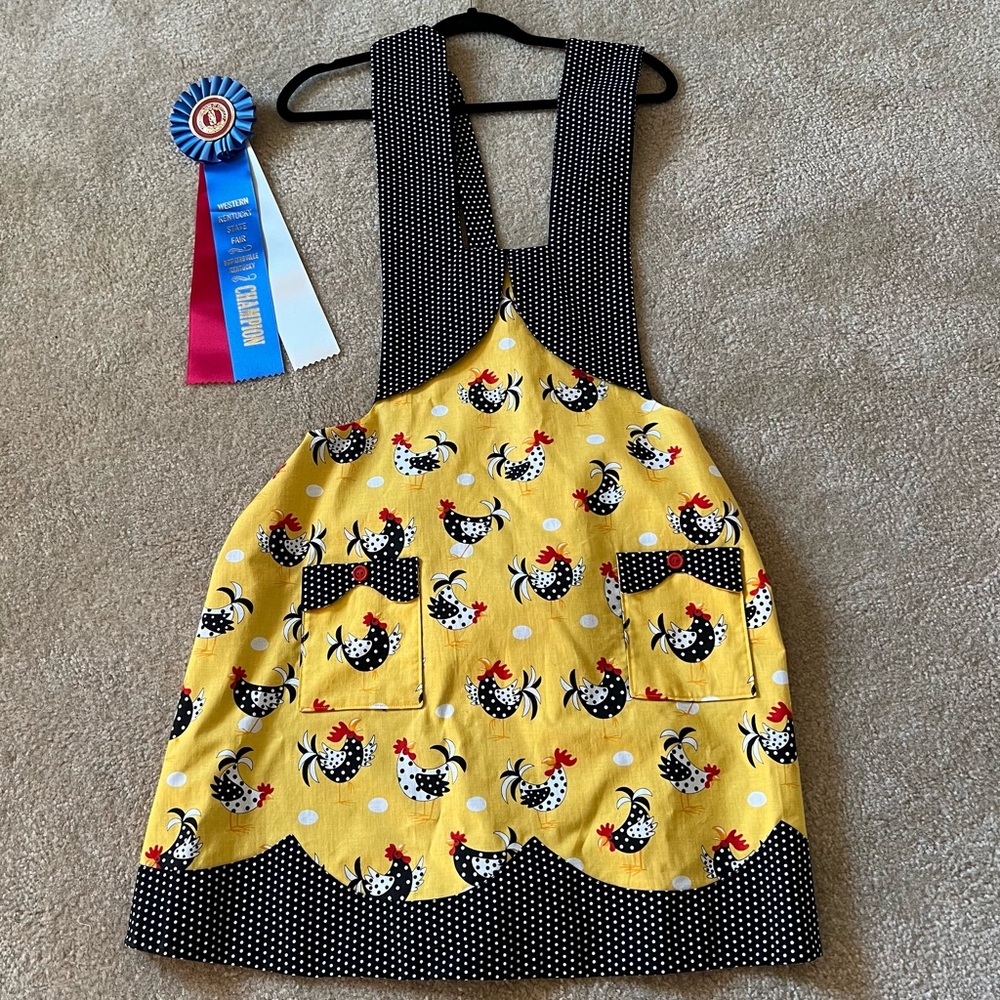 Yellow Chicken Print Apron with Black Polka Dots